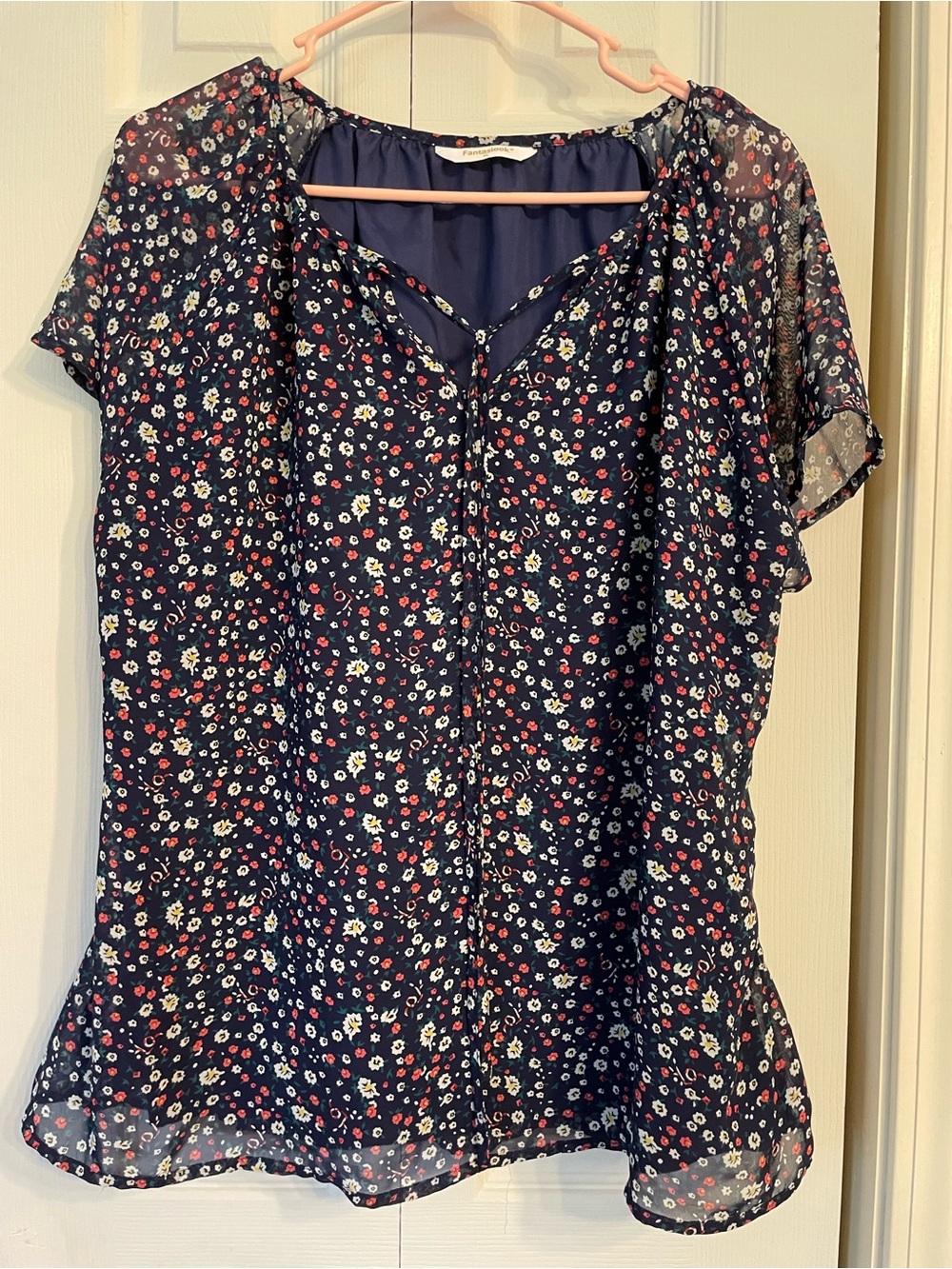 Navy Floral Short Flutter Sleeve Blouse